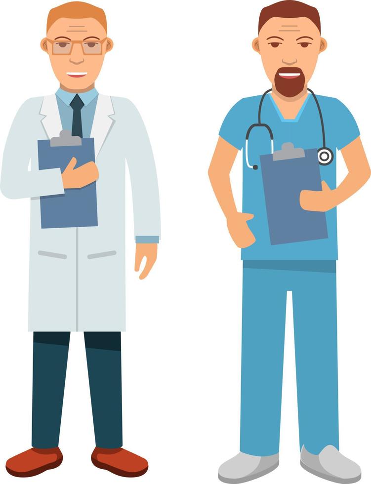 personajes médicos. personal médico del hospital personas. médico en una bata y un estetoscopio y un hombre cirujano ... vector plano. ilustración aislada.