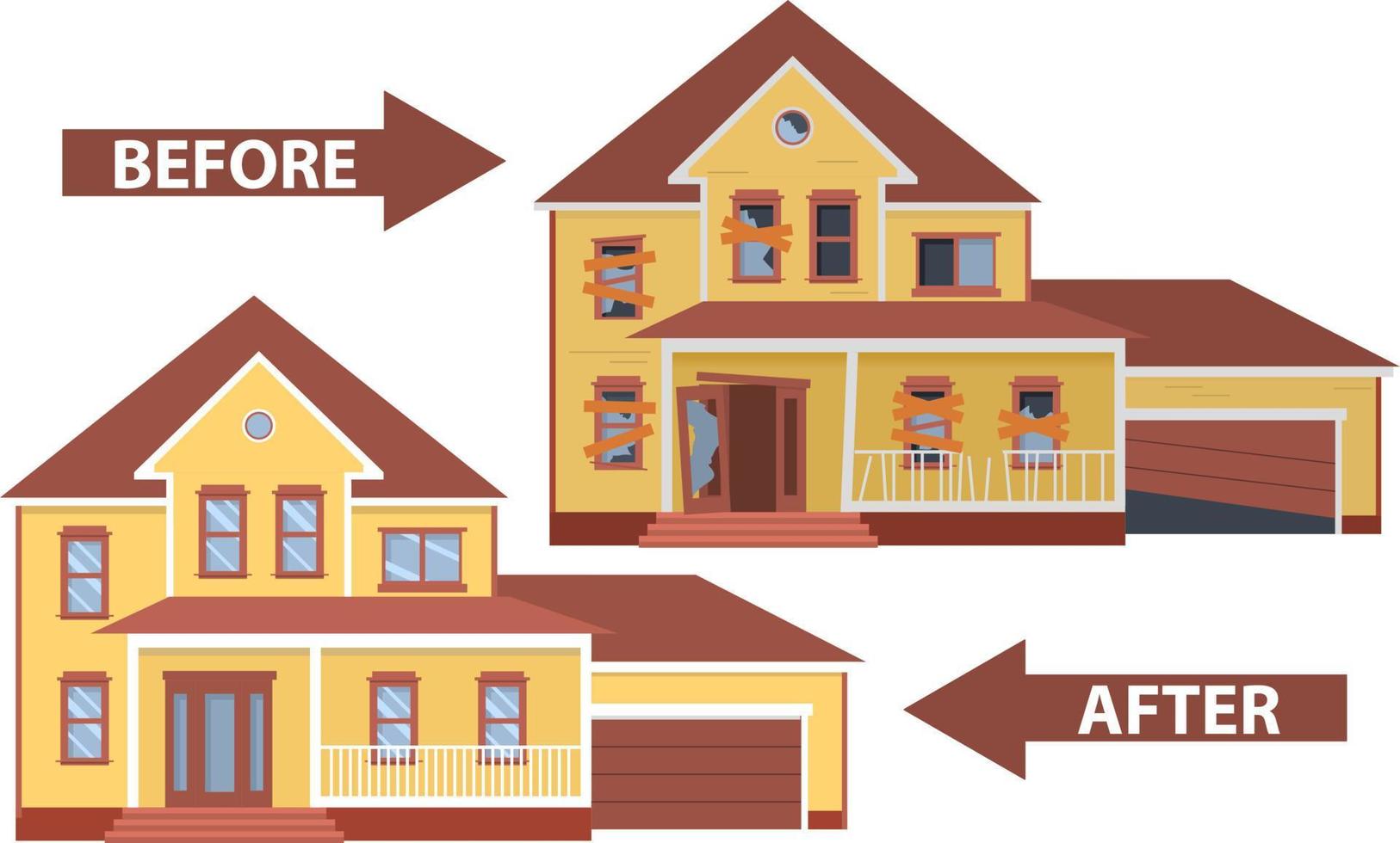 House before and after repair. Old run-down home. Renovation building.Townhouse building apartment.Flat vector.Rural housing village chimney. vector