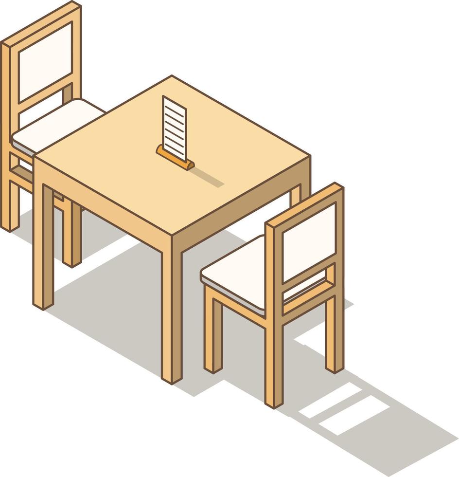 muebles isométricos sillas y mesa. elementos de diseño para un interior de la casa o restaurante. vector de arte de línea.