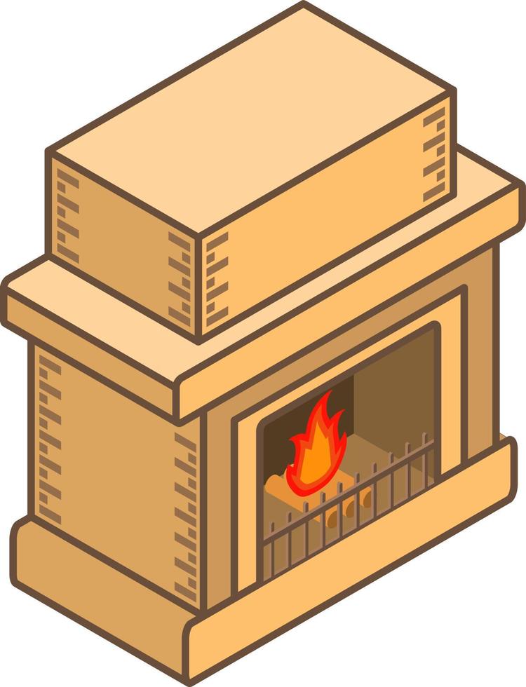 Interior design element. A stone isometric fireplace for  heating system of the house. The burning fire and firewood.3d line art flat vector. Warm household. vector