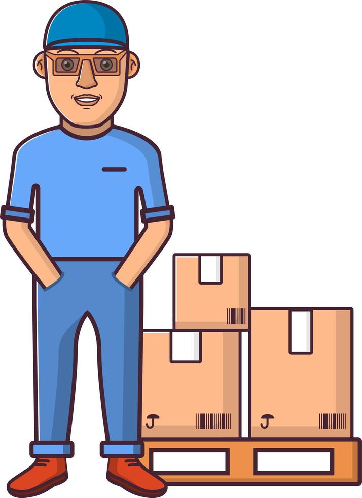 Courier in overalls with goods packed into boxes.Young man in clothes.Delivery service.Cartoon character person in flat line art vector.Business concept on icon website. vector