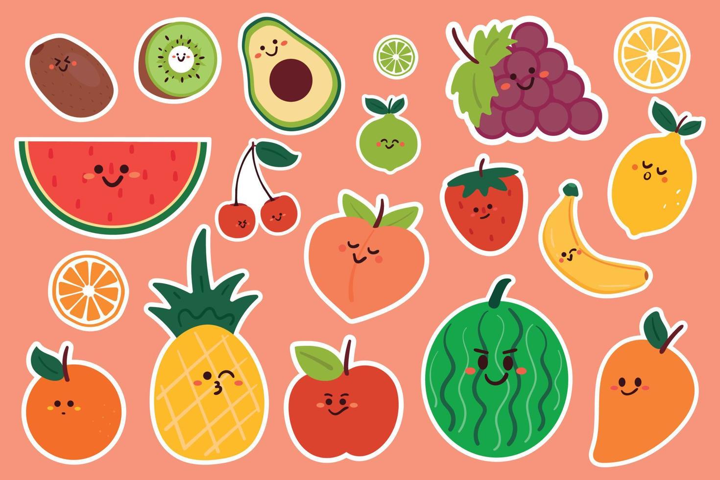 linda colección de pegatinas de personajes de frutas vector