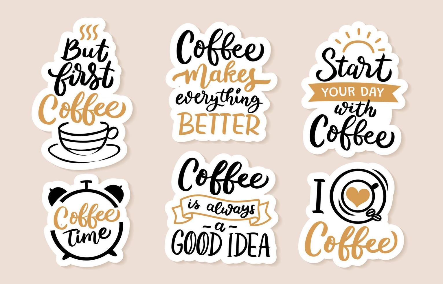 conjunto de pegatinas de citas de café con letras a mano vector