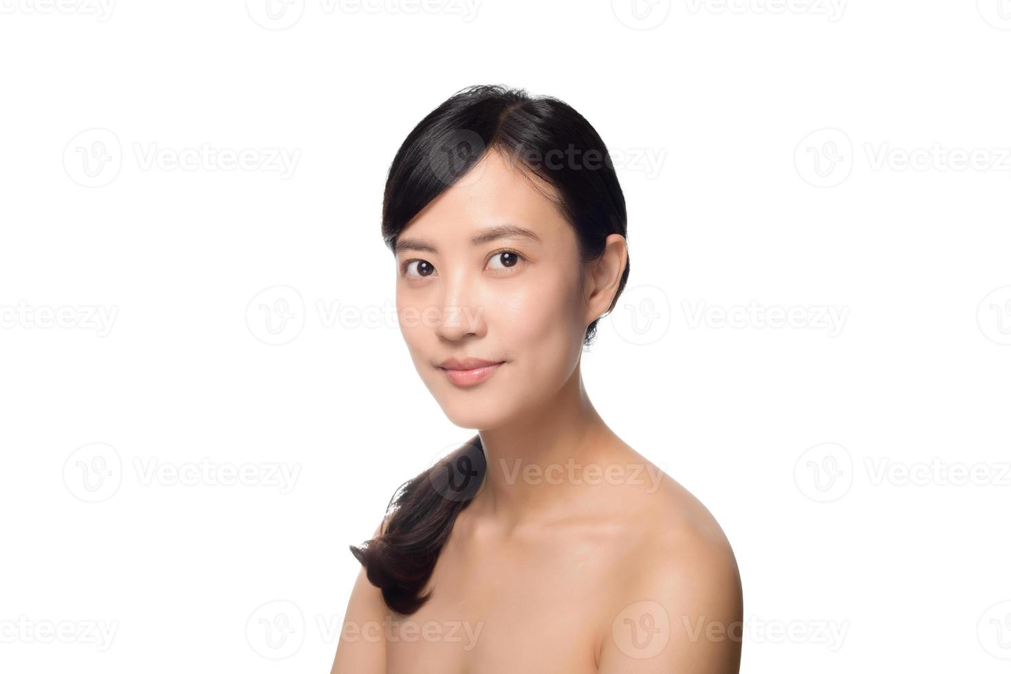 Portrait of beautiful young asian woman clean fresh bare skin concept. Asian girl beauty face skincare and health wellness, Facial treatment, Perfect skin, Natural make up on white background photo