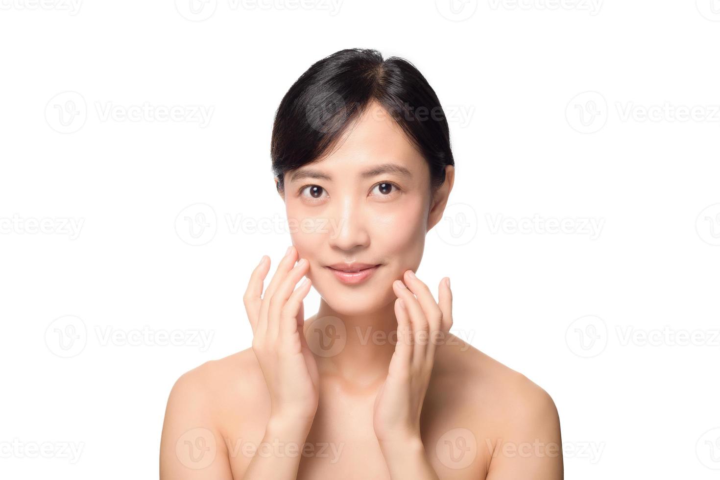 Portrait of beautiful young asian woman clean fresh bare skin concept. Asian girl beauty face skincare and health wellness, Facial treatment, Perfect skin, Natural make up on white background photo