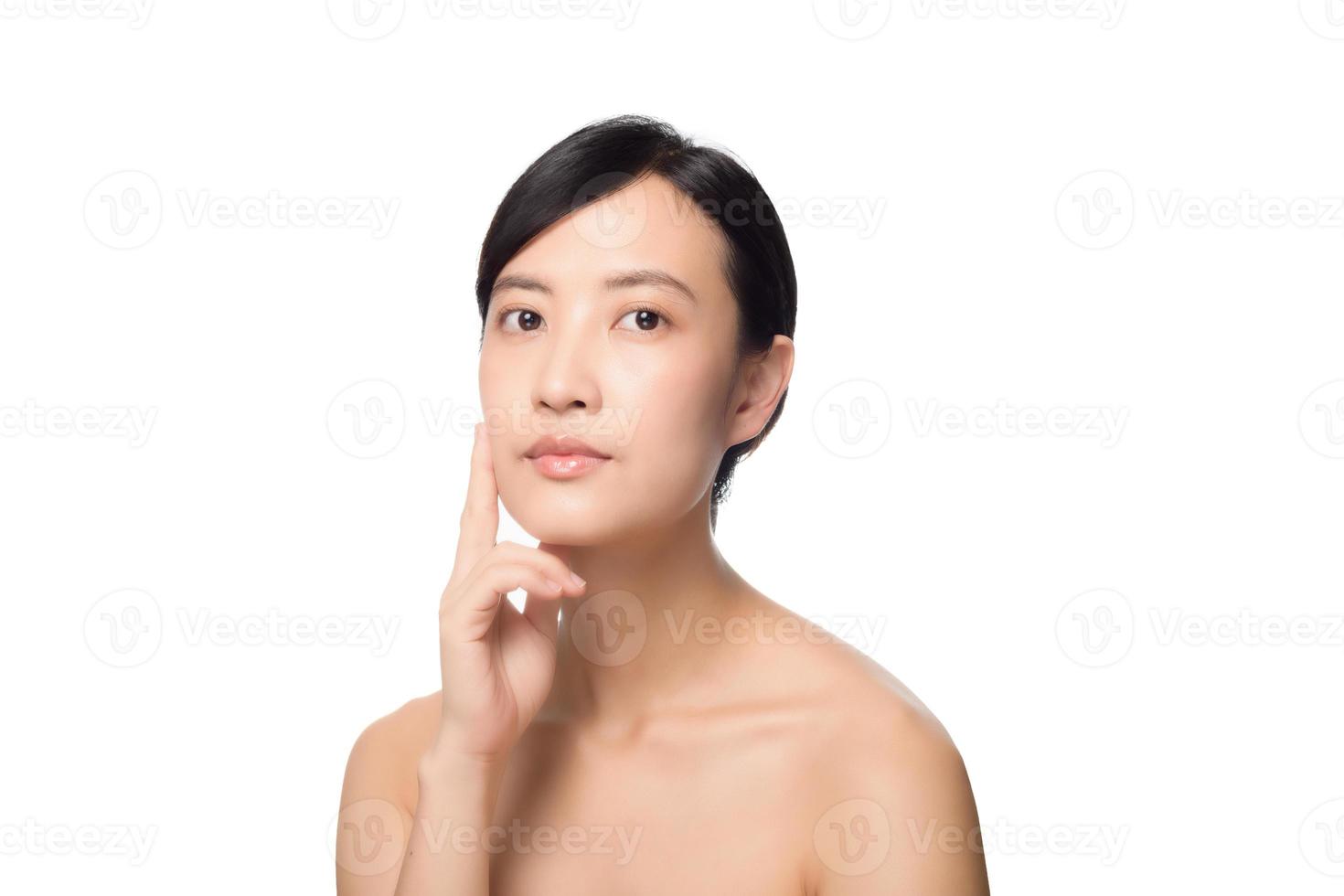 Portrait of beautiful young asian woman clean fresh bare skin concept. Asian girl beauty face skincare and health wellness, Facial treatment, Perfect skin, Natural make up on white background photo