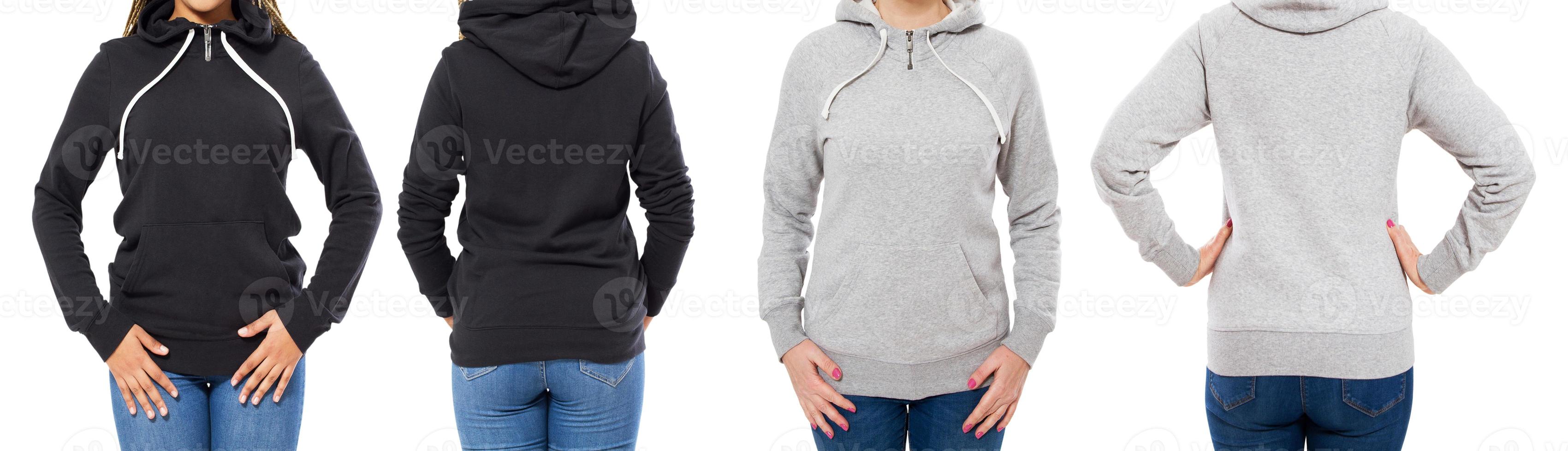 front and back view - female girl woman in grey black hoodie isolated ...