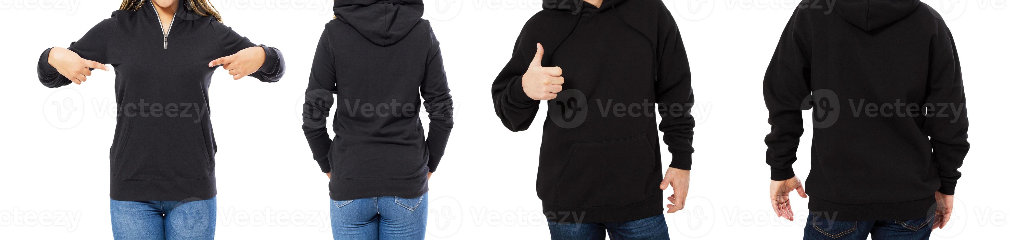 female and male hoodie mock up isolated - hood set front and back view, girl and man in empty black pullover photo