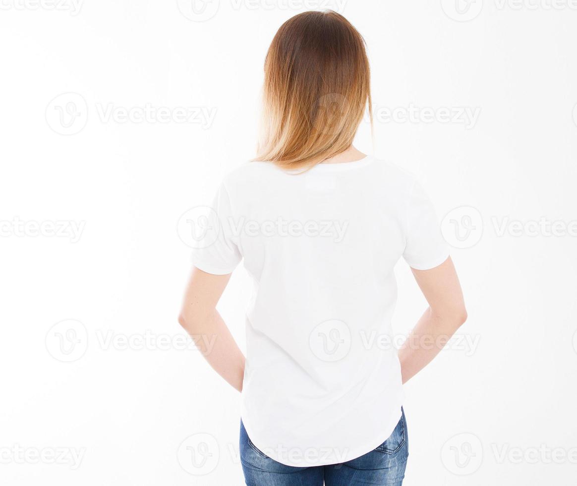 back view of young woman, girl in stylish tshirt on white background. Mock up for design. Copy space. Template. Blank photo