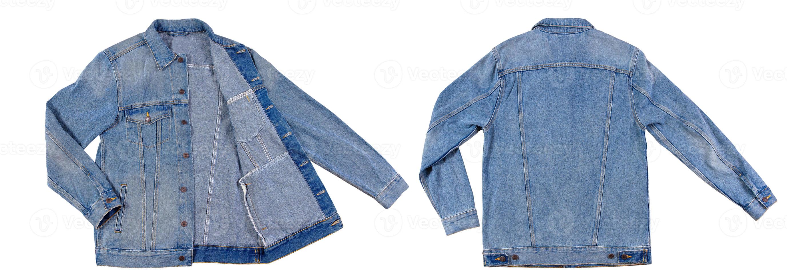 Stylish denim jacket collage front and back isolated on white background, jeans jacket set photo