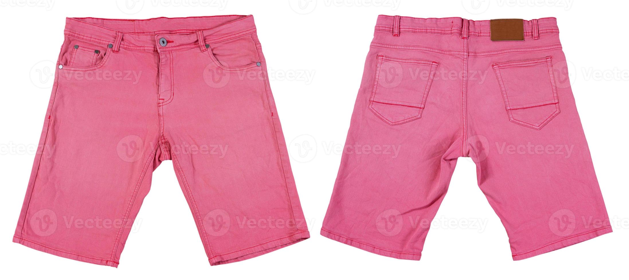 pink shorts set on white background. Denim pink shorts front and back isolated photo