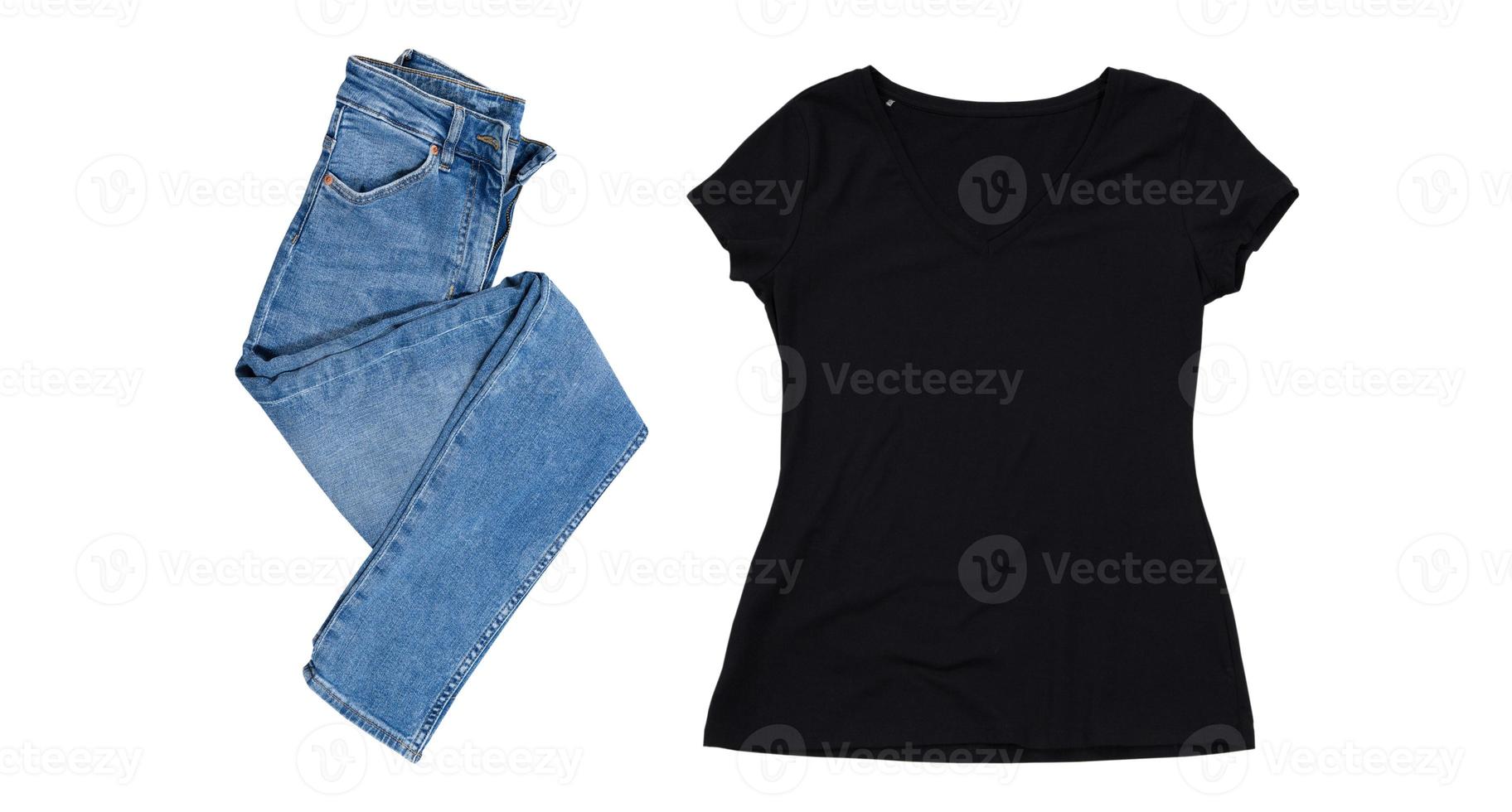 black tshirt and denim pants isolated on white photo