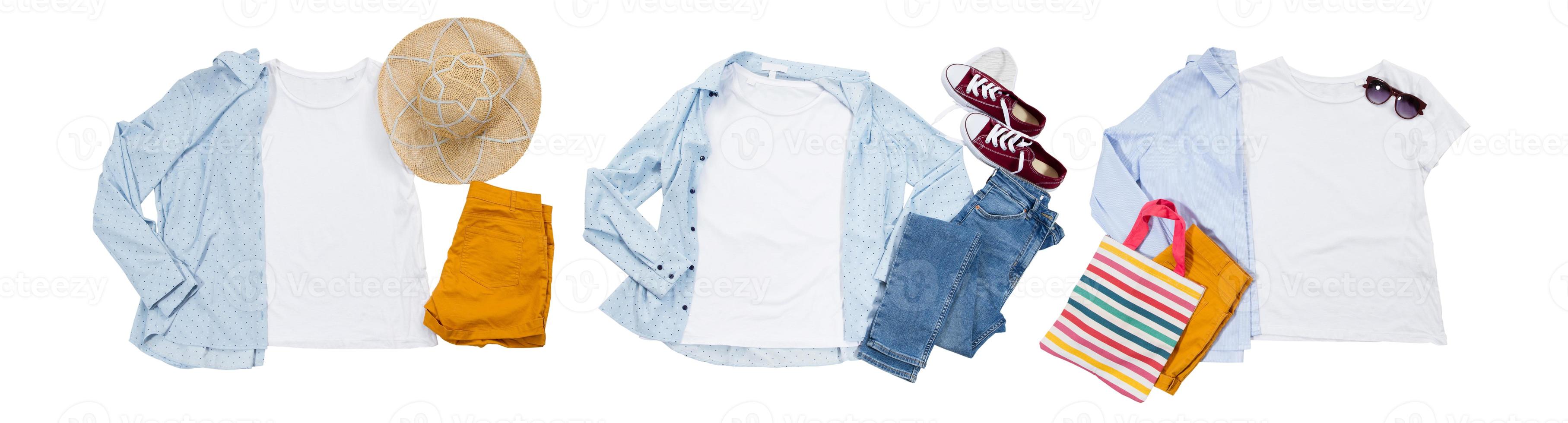 conjunto de maquetas de camiseta blanca. collage de opciones para camisetas blancas con sombrero de accesorios de verano, jeans, zapatillas, pantalones cortos, bolsa de playa foto