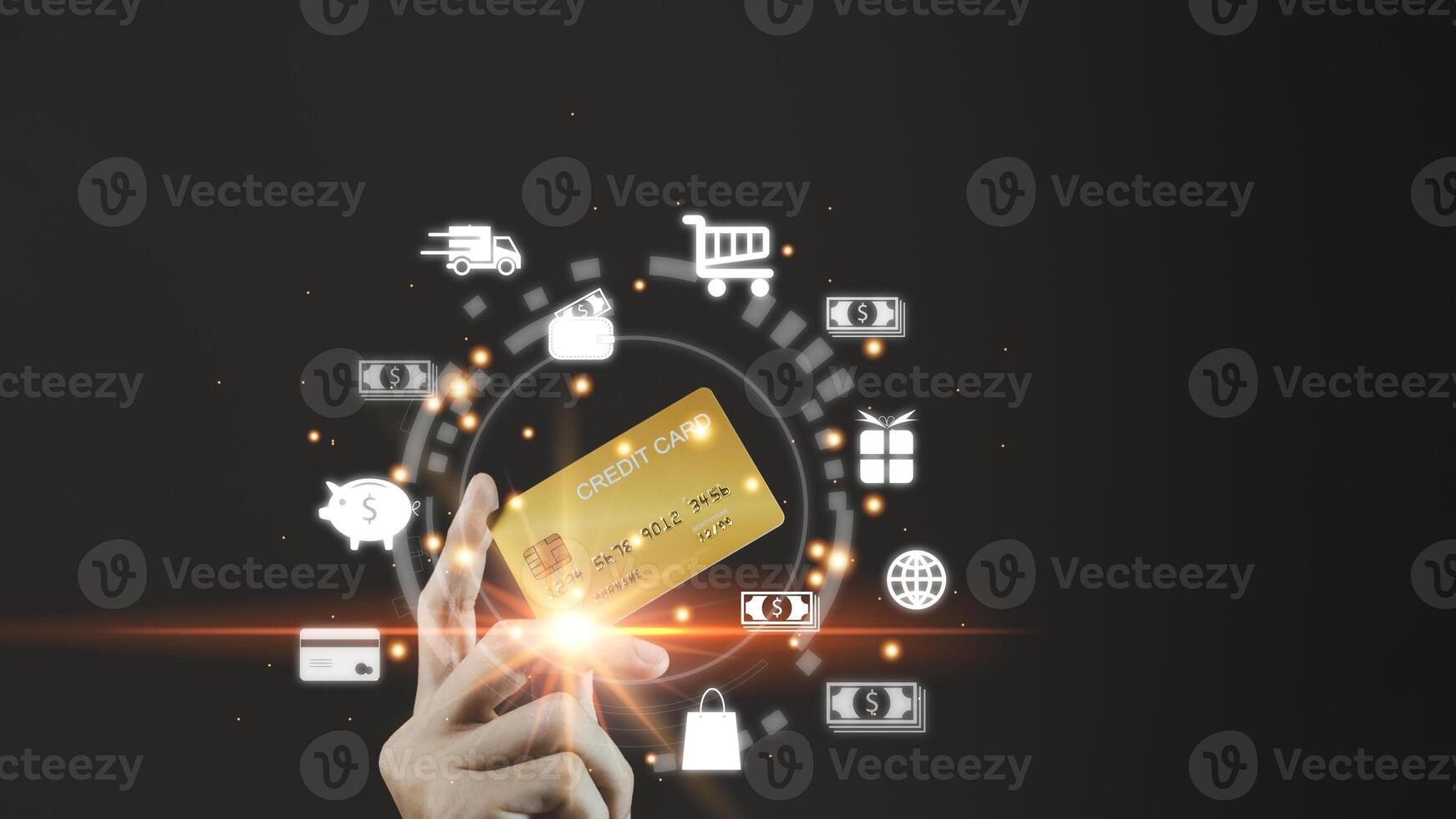 Businessman hand hold gold credit card and hologram with online shopping. Futuristic e-commerce online shopping concept. photo