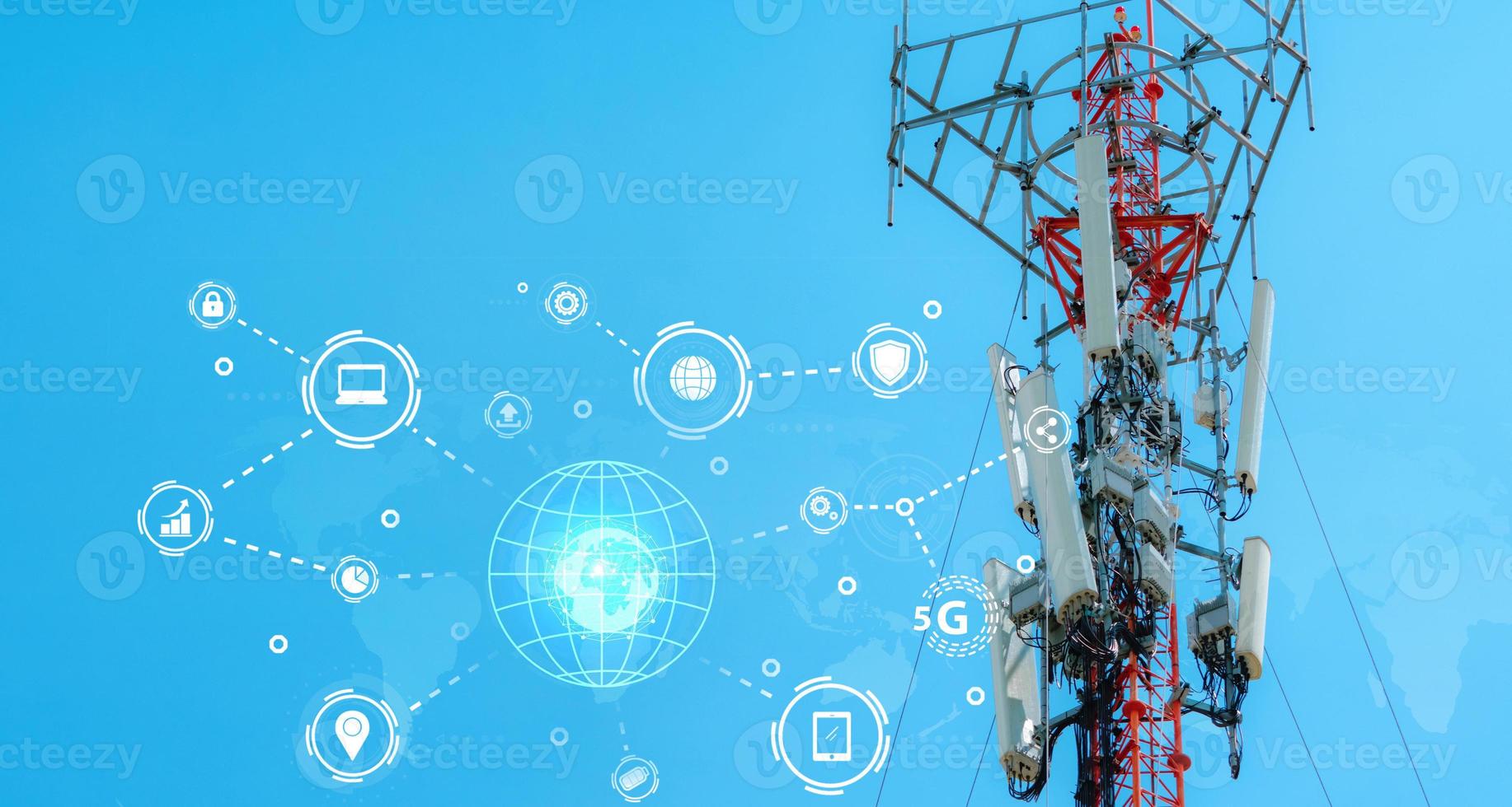 Telecommunication tower for 5g network. Antenna on blue sky. Communication technology. Telecommunication industry. Mobile or telecom 5g network. Network connection business. Online service connection. photo