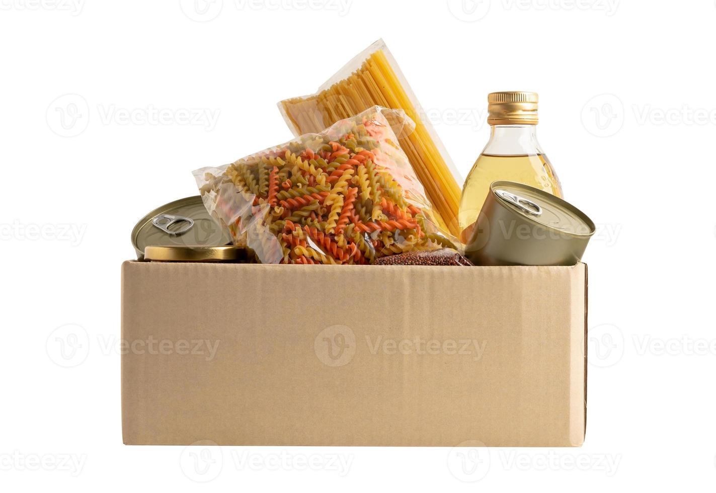 Foodstuff for donation, storage and delivery. Various food, pasta, cooking oil and canned food in cardboard box. photo