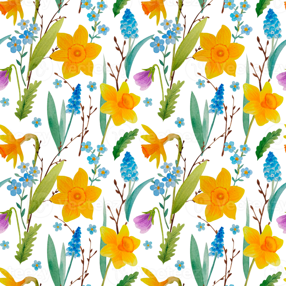 Watercolor spring flowers seamless pattern png