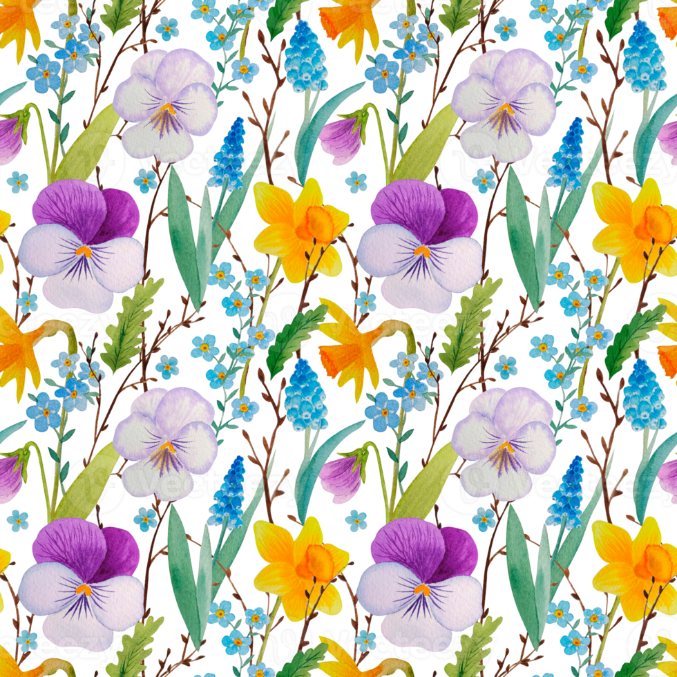 Watercolor spring flowers seamless pattern png