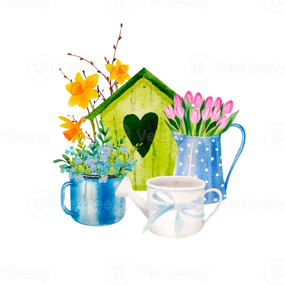 watercolor set of spring flower bouqets in cup, jug and wooden box, birdhouse png