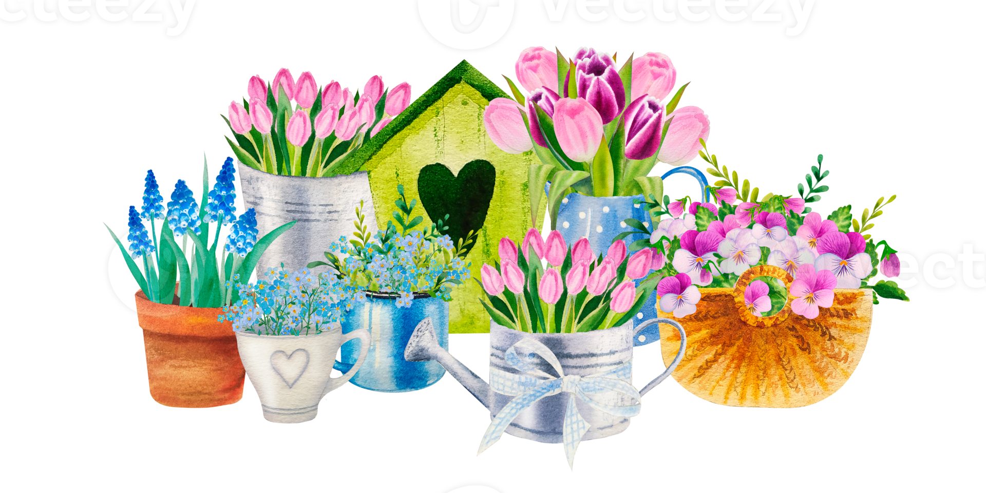 watercolor set of spring flower bouqets in cup, jug and wooden box, birdhouse png