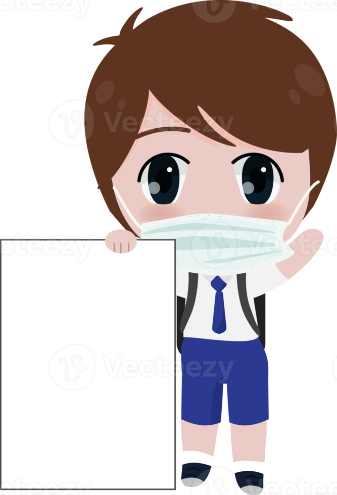 happy kids in student uniform clothes wear medical face mask holding banner for back to school concept flat style png