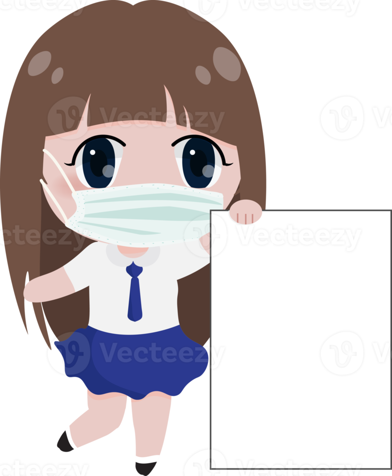 happy kids in student uniform clothes wear medical face mask holding banner for back to school concept flat style png
