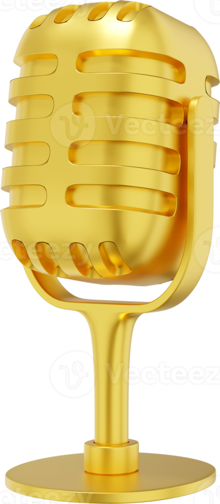 Retro Microphone. Minimalist cartoon.  Gold PNG isolated icon on transparent background. 3D rendering.