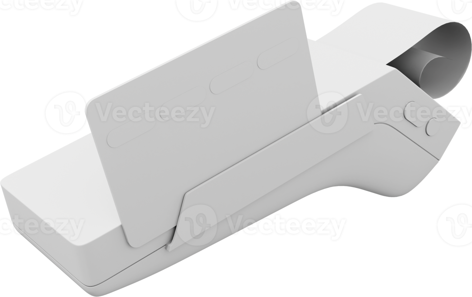 Payment Machine. NFC POS Terminal GPRS point with Paper Receipt and a credit card. Mockup screen. PNG on a transparent background. Monochrome white color. 3D rendering.