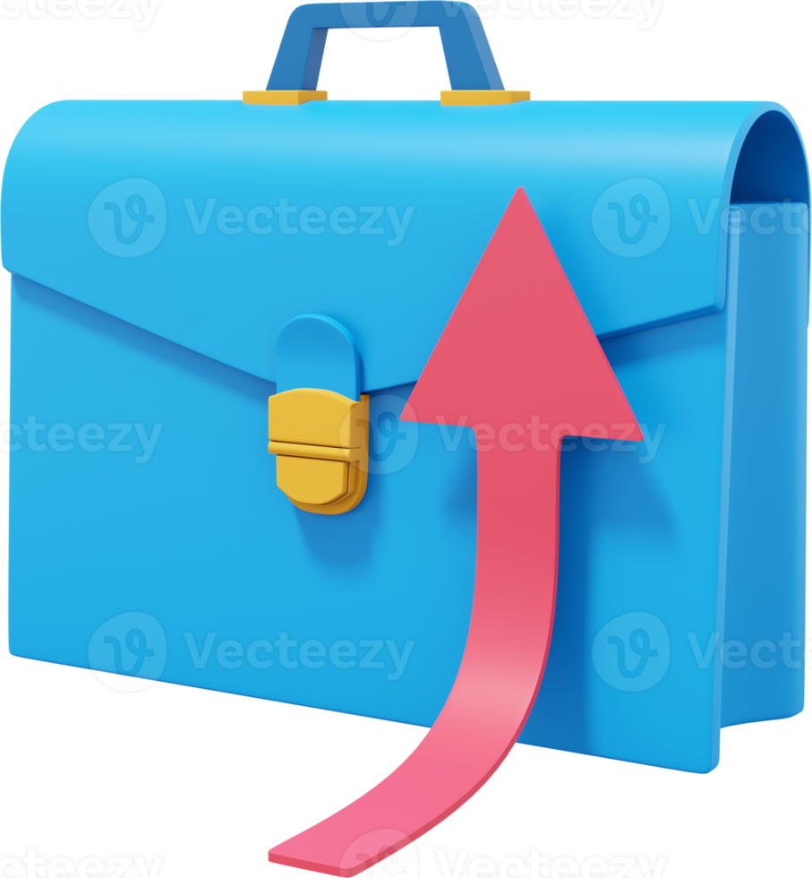 Blue briefcase with a red arrow growing up, seen from the side. PNG icon on transparent background. Business portfolio success. 3D rendering.