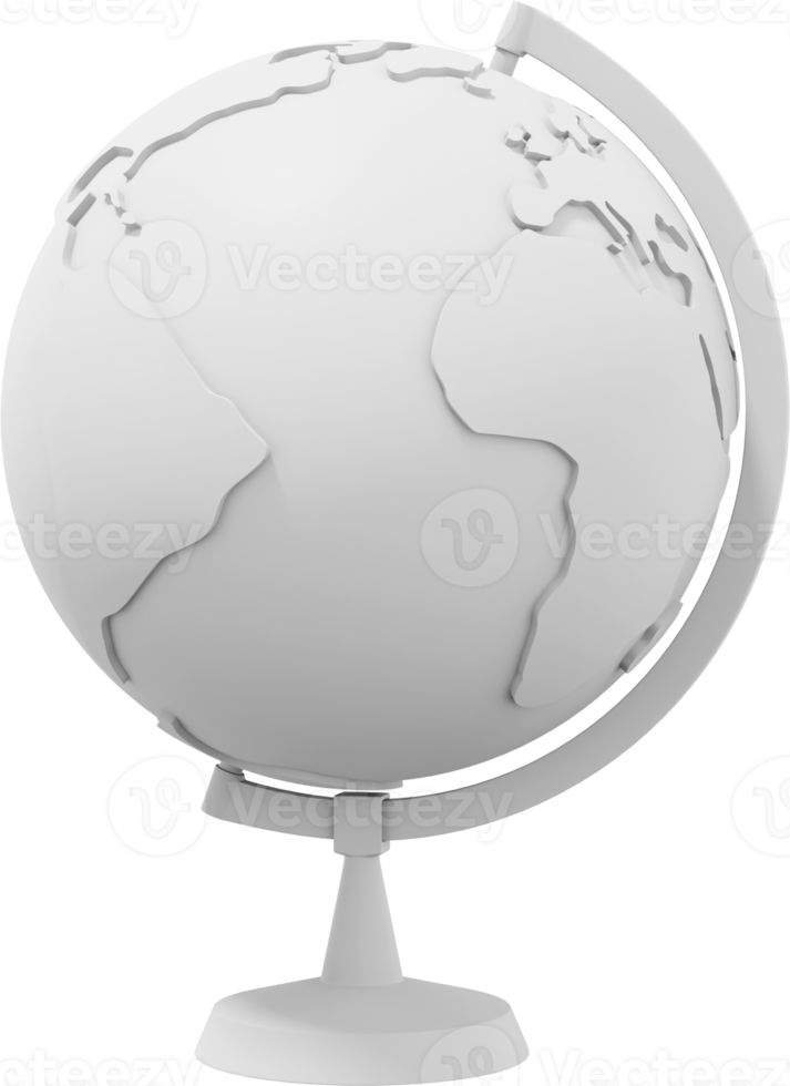 Globe Earth on a stand. Minimalist cartoon. white PNG Isolated icon on transparent background. 3D rendering.