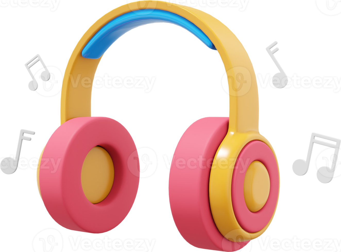 Wireless headphones and flying music notes side view. Multicolored PNG icon on a transparent background. 3D rendering.