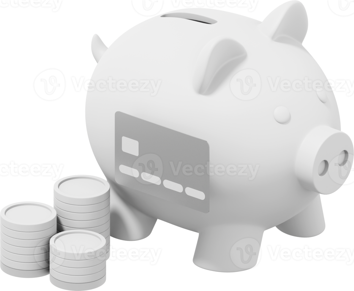 White piggy bank, stacks of coins and credit card. PNG icon on transparent background. 3D rendering.