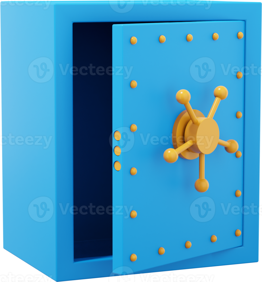 Retro safe with wheel handles. Blue open storage. PNG icon on transparent background. 3D rendering.