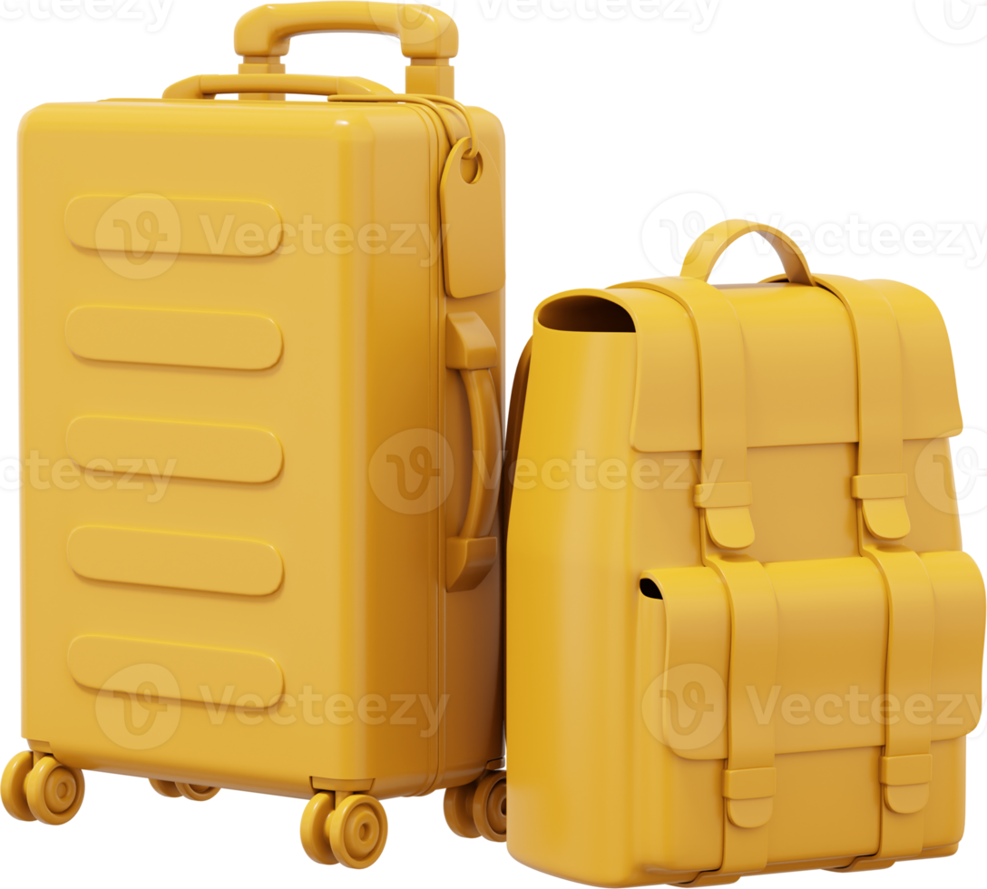 Travel suitcase on wheels and travel backpack yellow color. PNG icon on transparent background. 3D rendering.