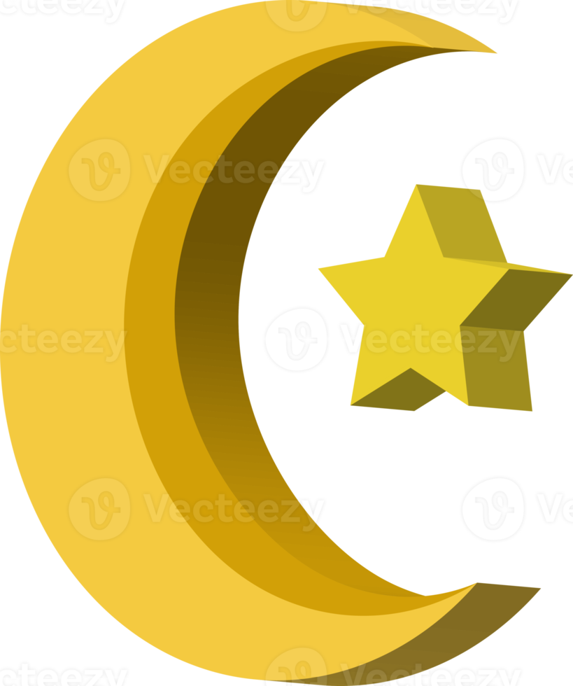 3d islamic crescent moon and a star element icon png