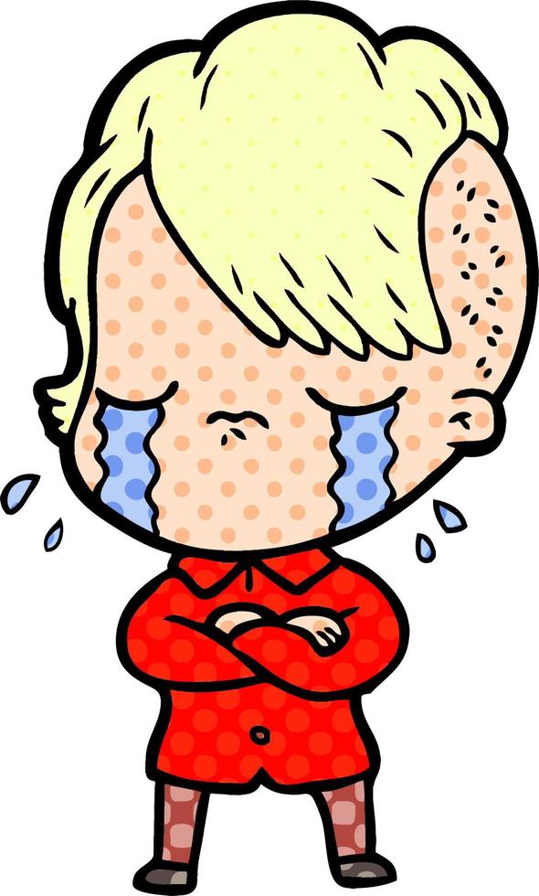 cartoon crying girl with crossed arms vector