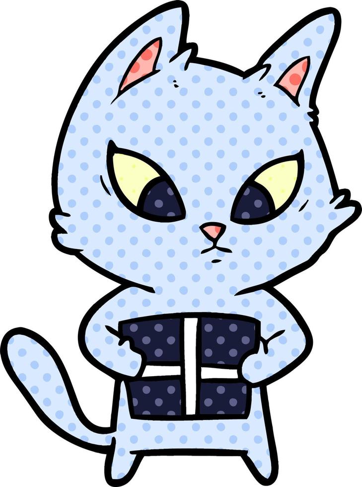 confused cartoon cat with gift vector