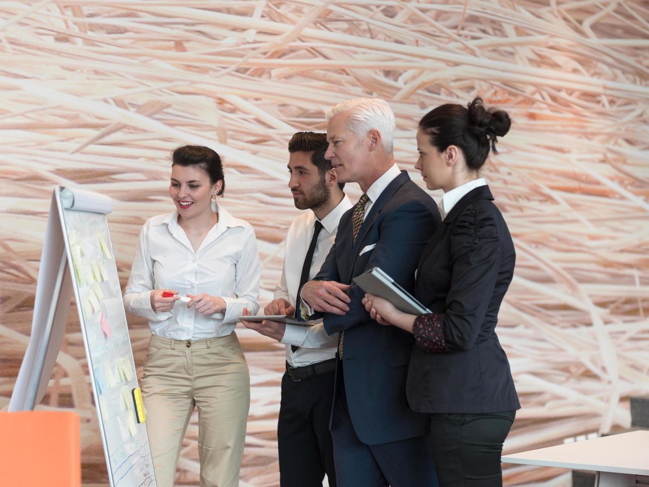 businesswoman presenting ideas and projects on white board photo