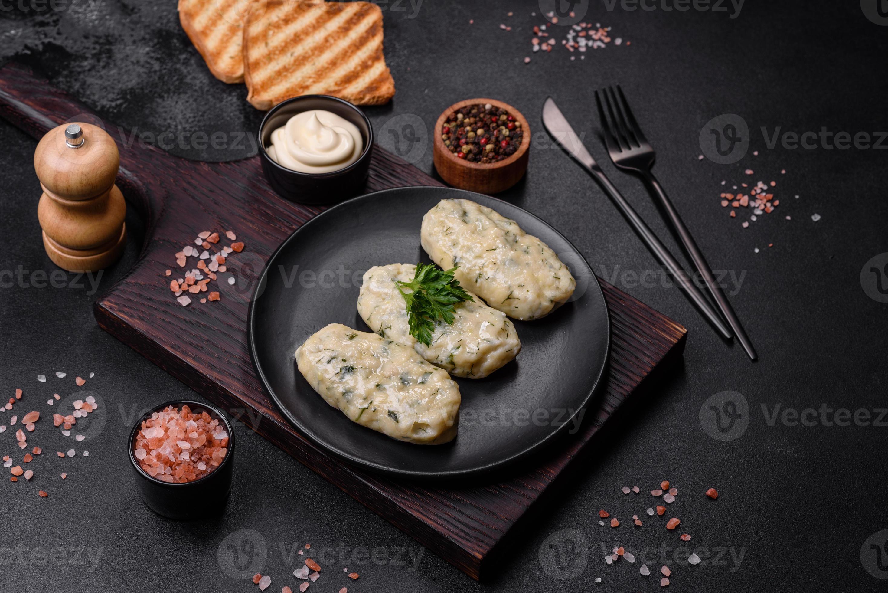 Traditional Lithuanian dish zeppelin, boiled potato dumplings stuffed