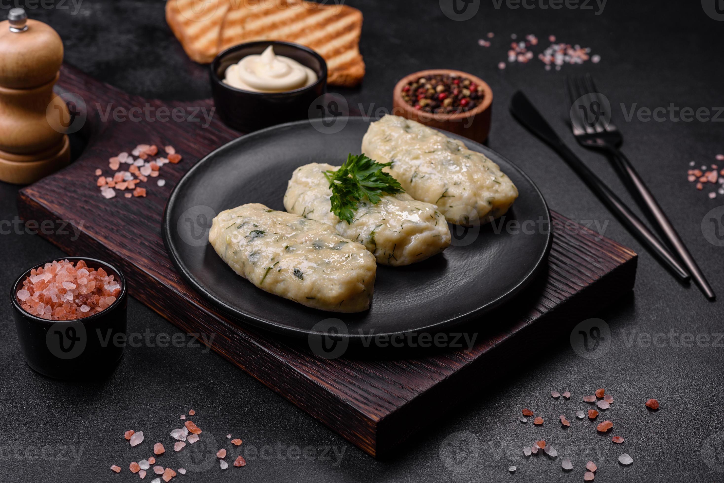 Traditional Lithuanian dish zeppelin, boiled potato dumplings stuffed
