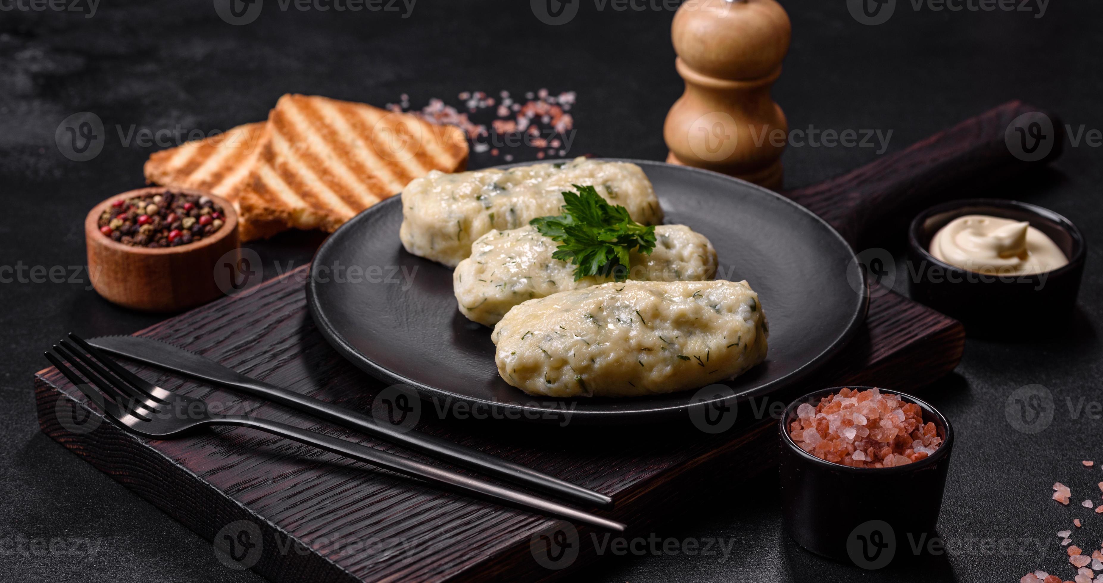 Traditional Lithuanian dish zeppelin, boiled potato dumplings stuffed