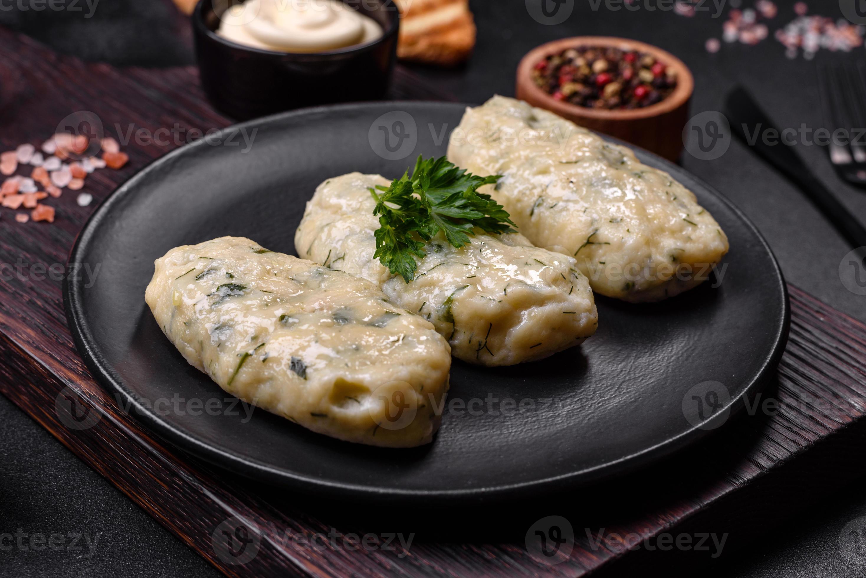 Traditional Lithuanian dish zeppelin, boiled potato dumplings stuffed
