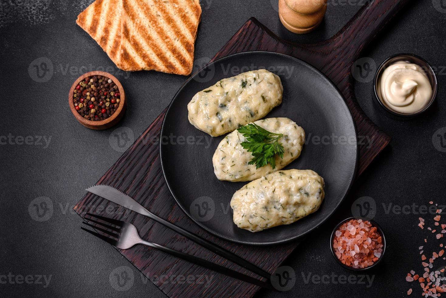 Traditional Lithuanian dish zeppelin, boiled potato dumplings stuffed