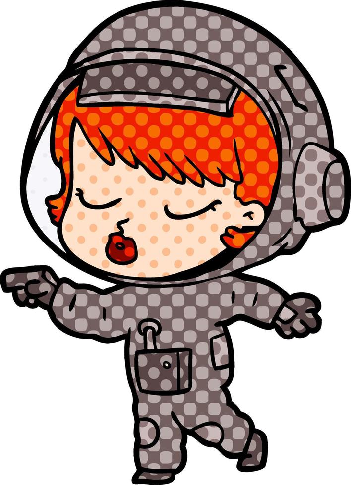 caricatura, bastante, astronauta, niña, señalar vector