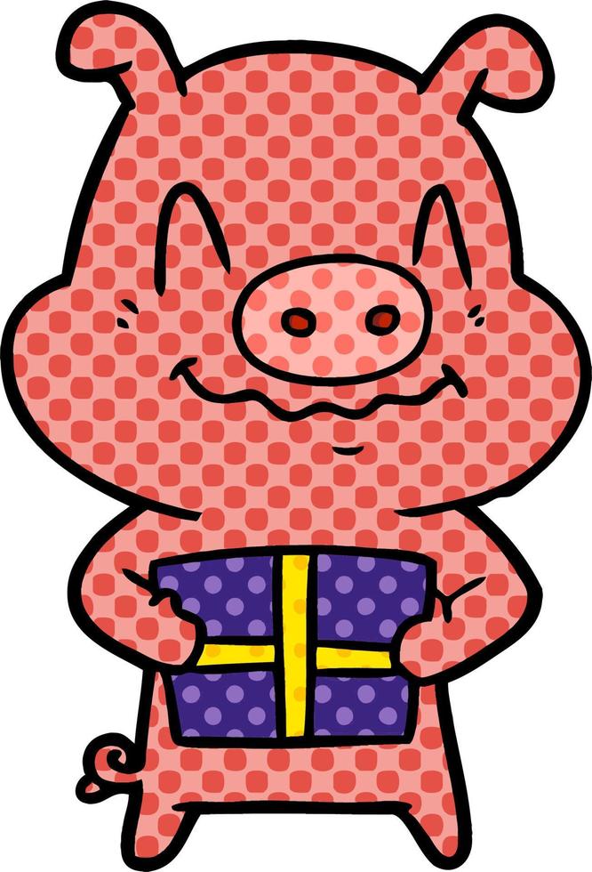 nervous cartoon pig with present vector