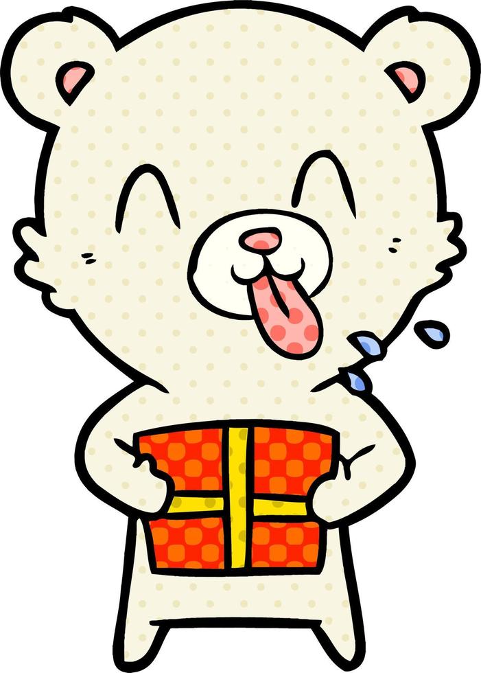 rude cartoon polar bear sticking out tongue with present vector