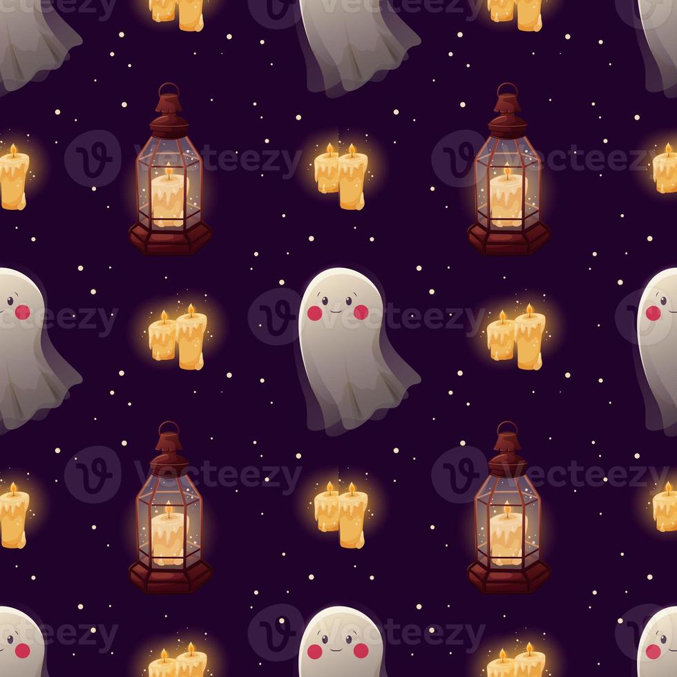 Seamless pattern with cute ghost, lantern and candles in cartoon style photo