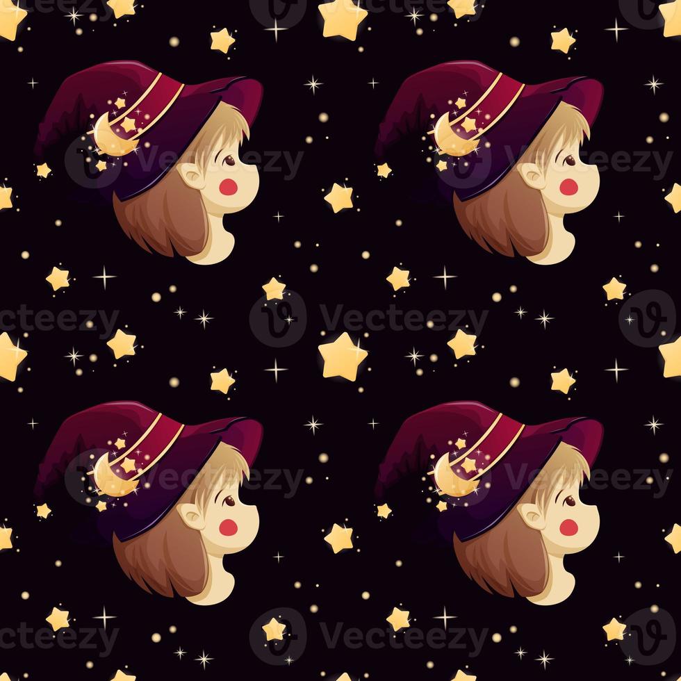 Seamless pattern with cute witch with elf ears in hat and stars photo