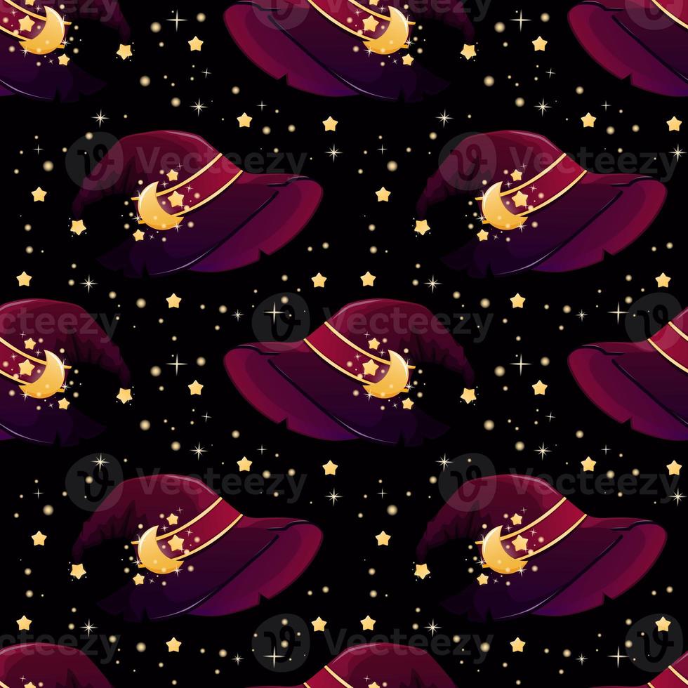 Seamless pattern with witch hat, stars and moon in cartoon style photo