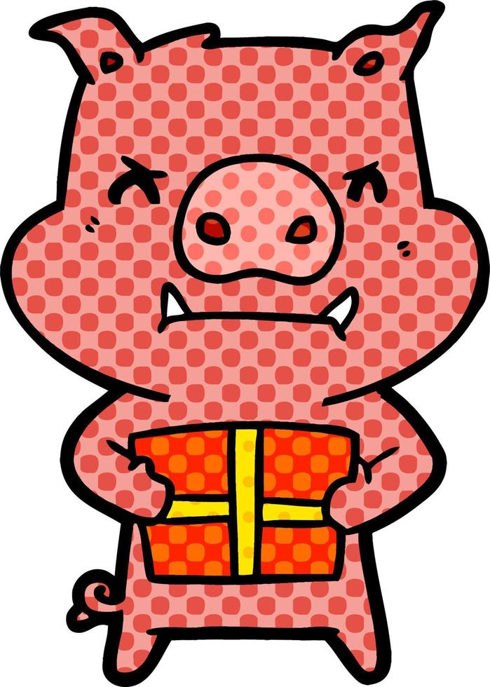 angry cartoon pig with christmas gift vector